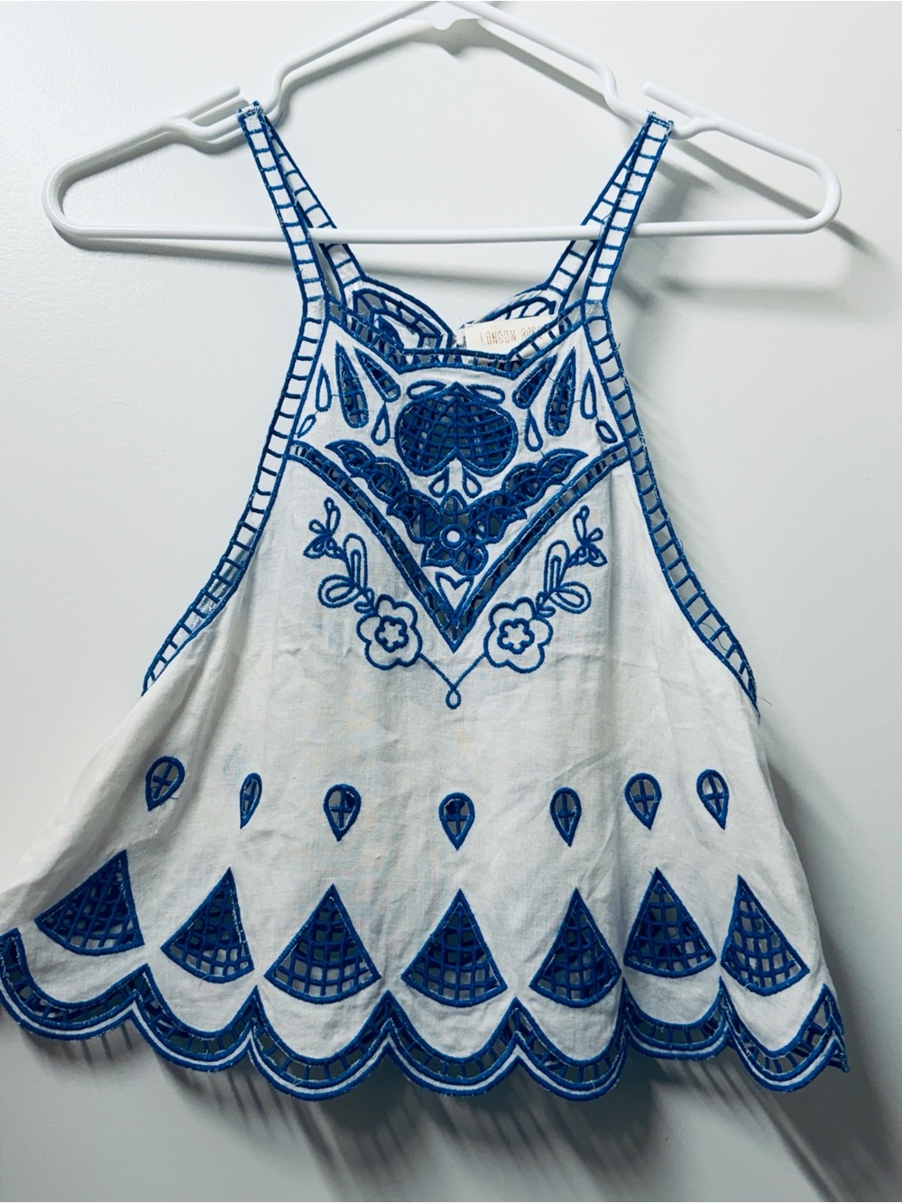 White Cropped Camisole with Blue Embroidery